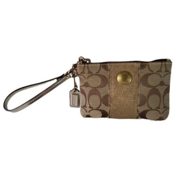 Coach GOLD Signature Logo Canvas Pouch Wristlet Clutch Wallet Bag WOMEN'S WOMANS - Picture 2 of 16